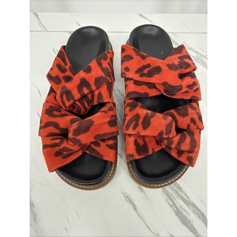 Ganni Anoush Knotted Leopard Print Cow Suede Slides Slip On Goat Leather 7.5